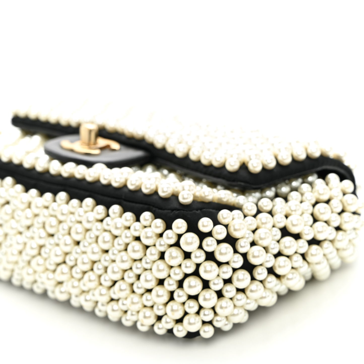 Satin Lambskin Pearl On Mini Rectangular Flap Black