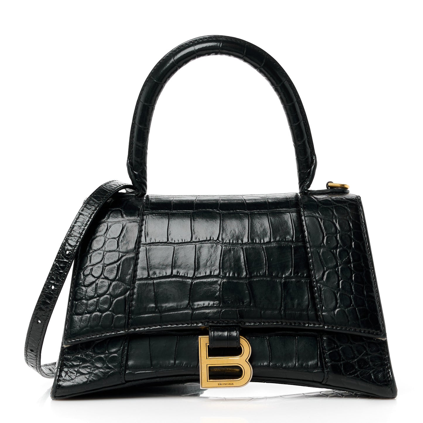 Shiny Calfskin Crocodile Embossed Small Hourglass Top Handle Bag Black