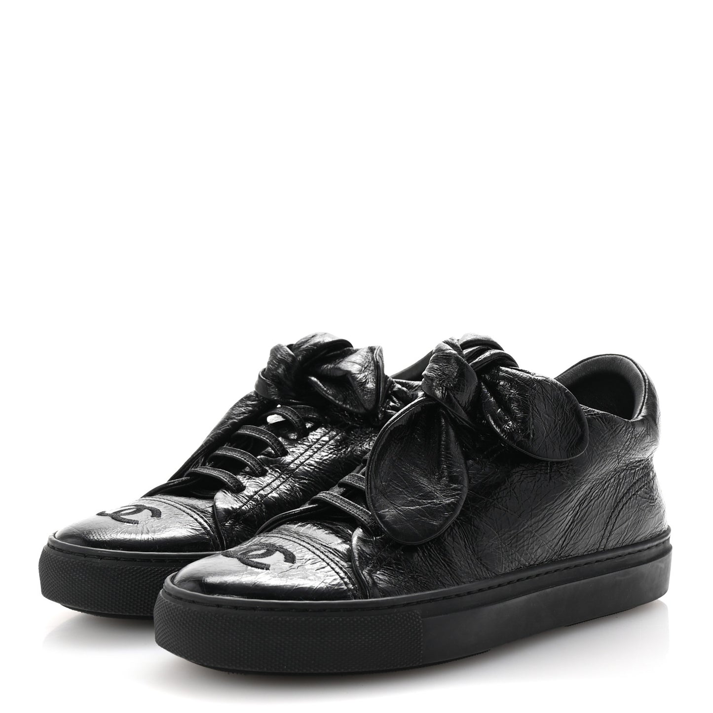 Crumpled Calfskin Womens CC Bow Sneakers 36.5 Black