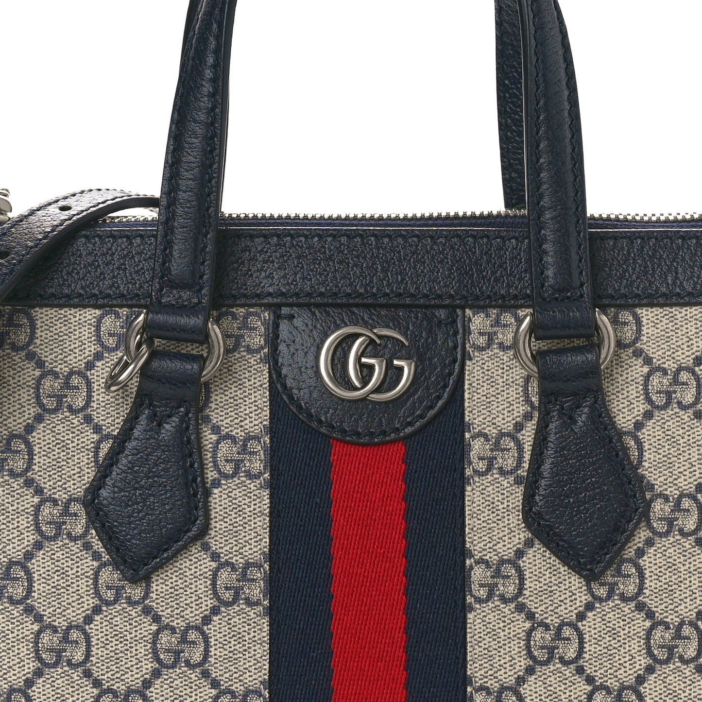 GG Supreme Monogram Textured Dollar Calfskin Web Small Ophidia Tote Bag Beige Blue