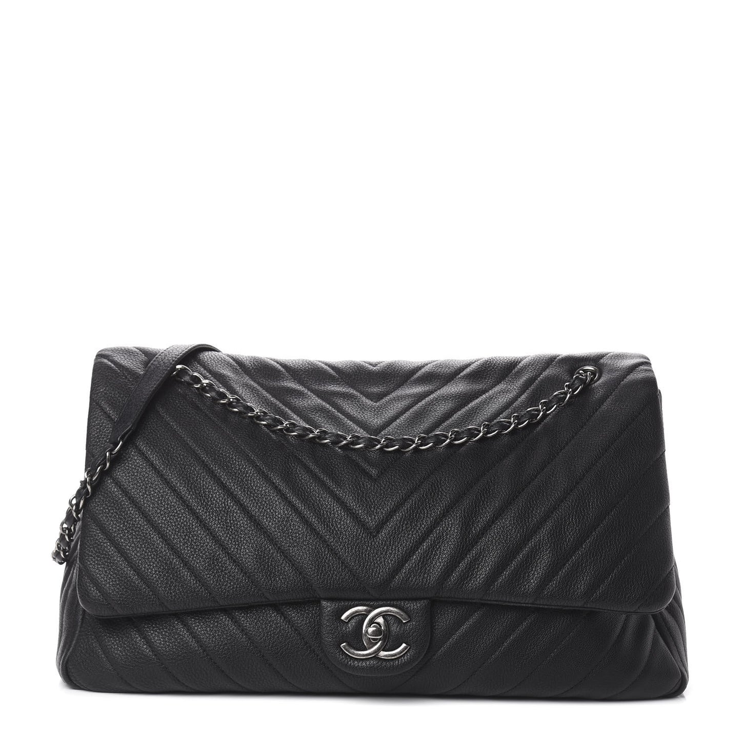 Calfskin Chevron Quilted XXL Travel Flap Bag Black