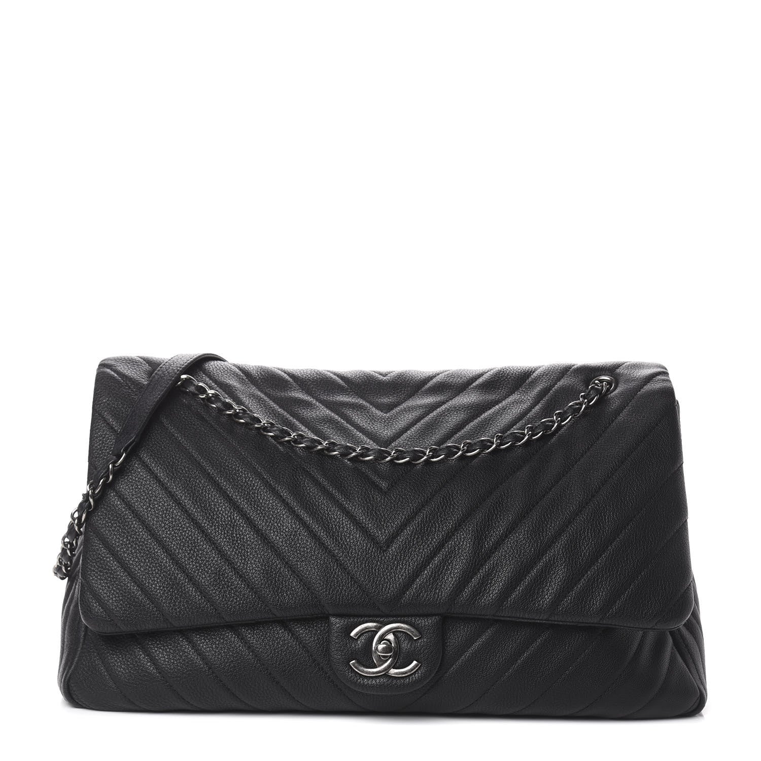 Chanel Calfskin Chevron Quilted XXL Travel Flap Bag Black 1 of 12