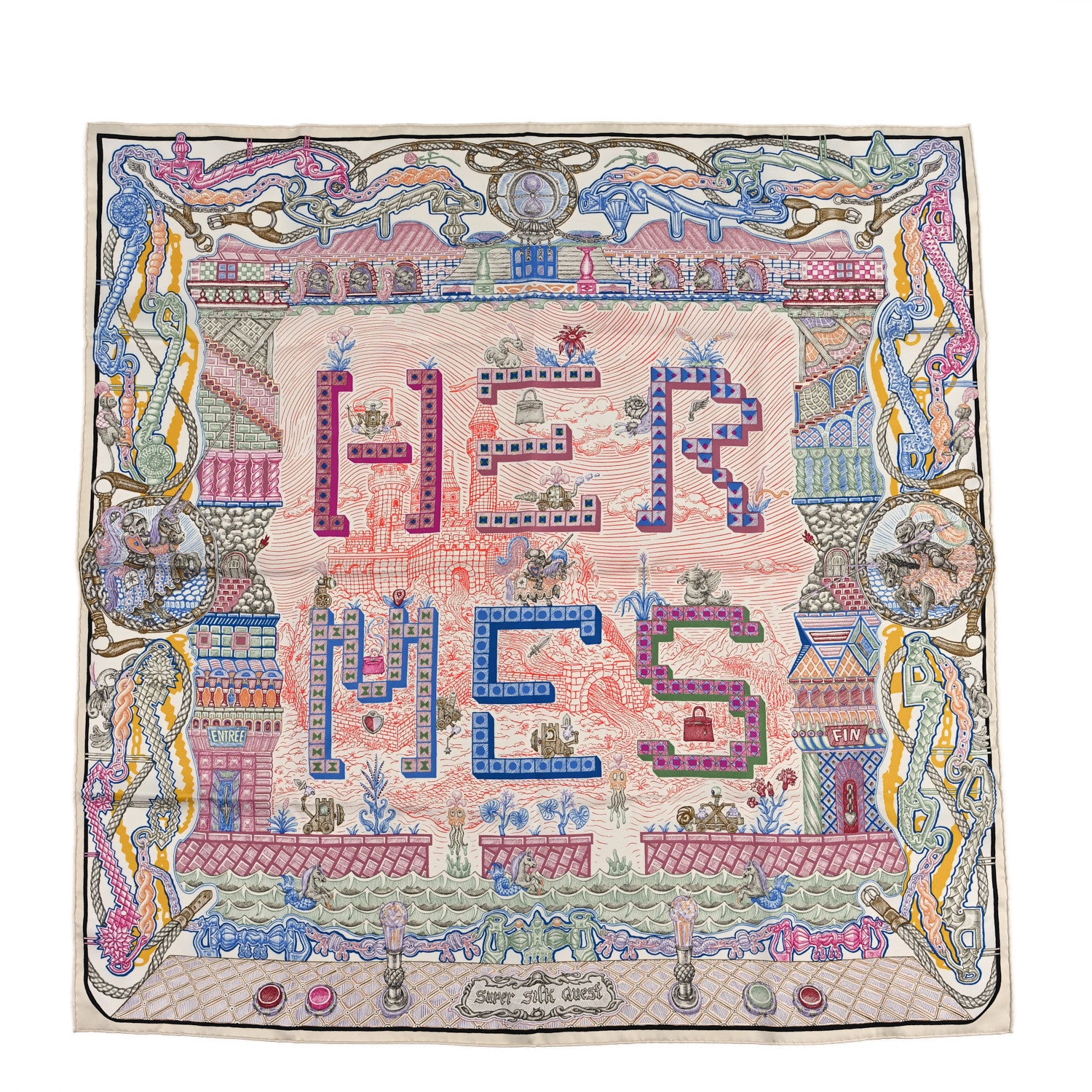 Hermes Silk Super Silk Quest Scarf 90 Cream Rose Blue 1 of 3
