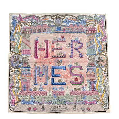 Hermes Silk Super Silk Quest Scarf 90 Cream Rose Blue 1 of 3