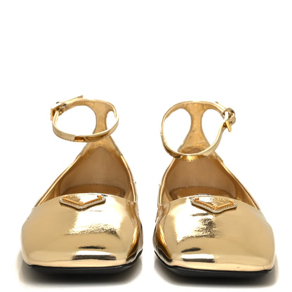 Prada Metallic Calfskin Metal Triangle Logo Ankle Strap Ballerinas 37 Platino 2 of 8