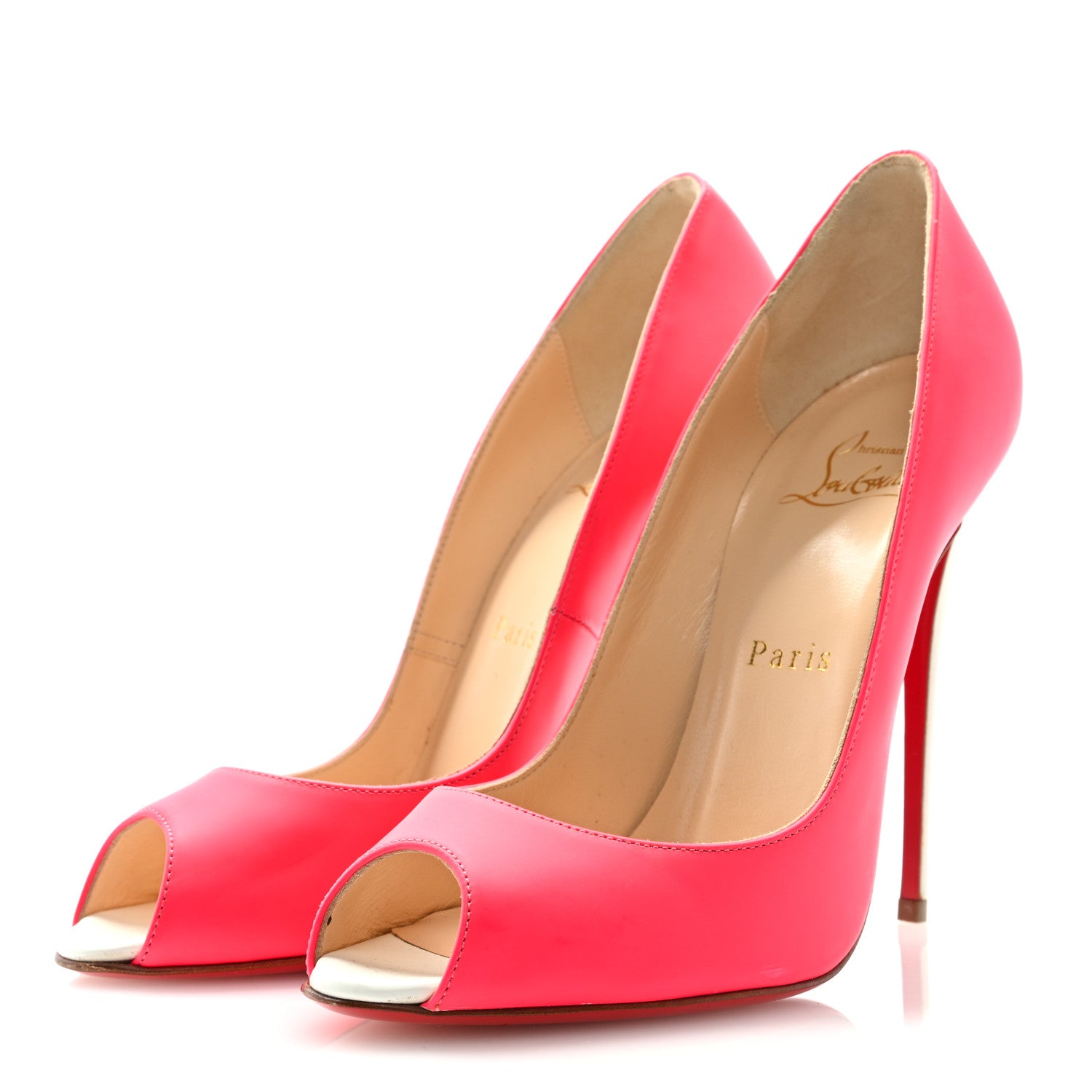 Christian Louboutin Matte Jazz Calf Fluo 120 Peep Toe Pumps 37.5 Fuchsia White 2 of 7