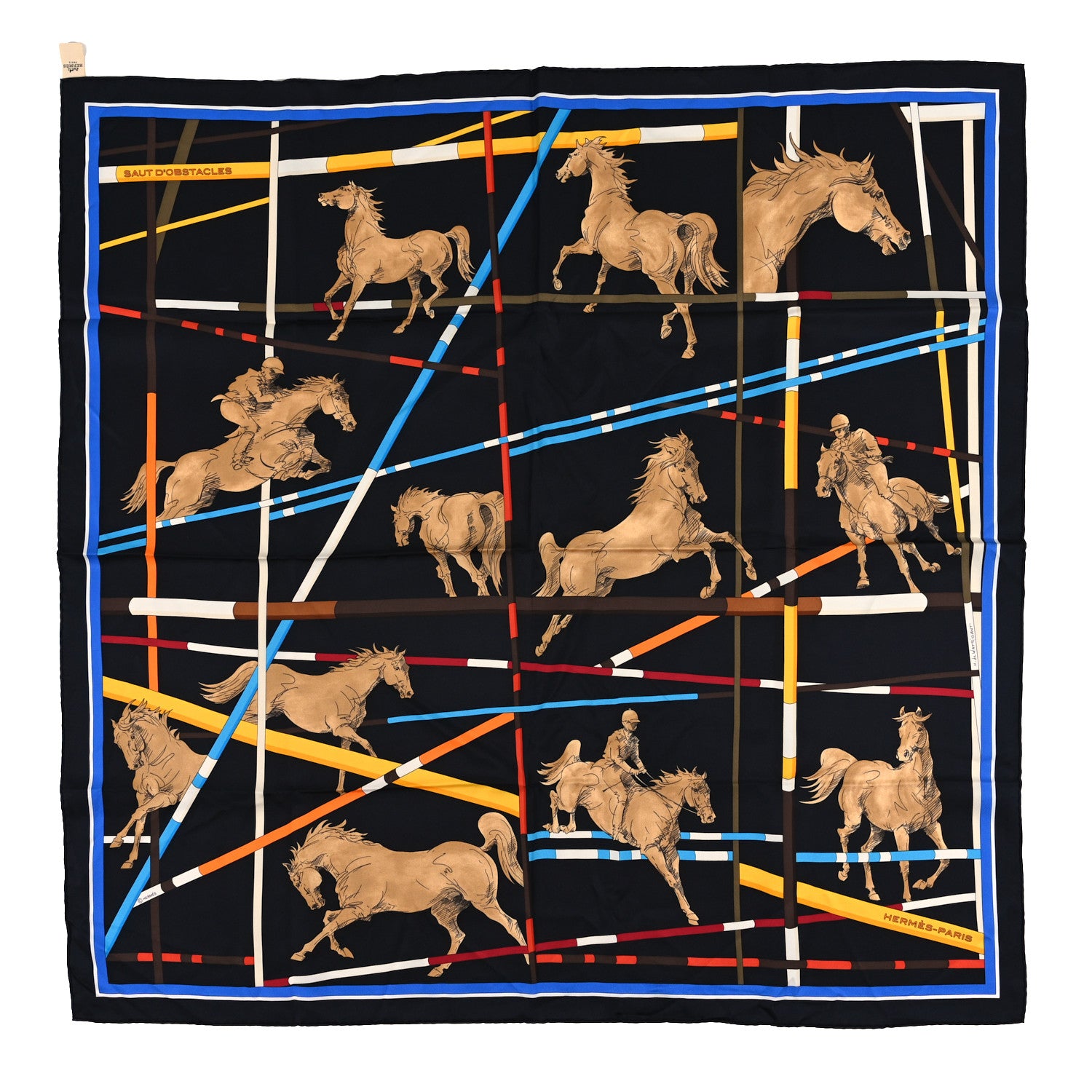 Hermes Silk Saut D’Obstacles Scarf 90 Black Camel Blue 1 of 3