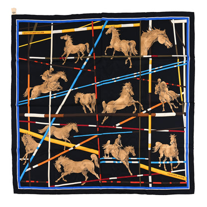 Hermes Silk Saut D’Obstacles Scarf 90 Black Camel Blue 1 of 3
