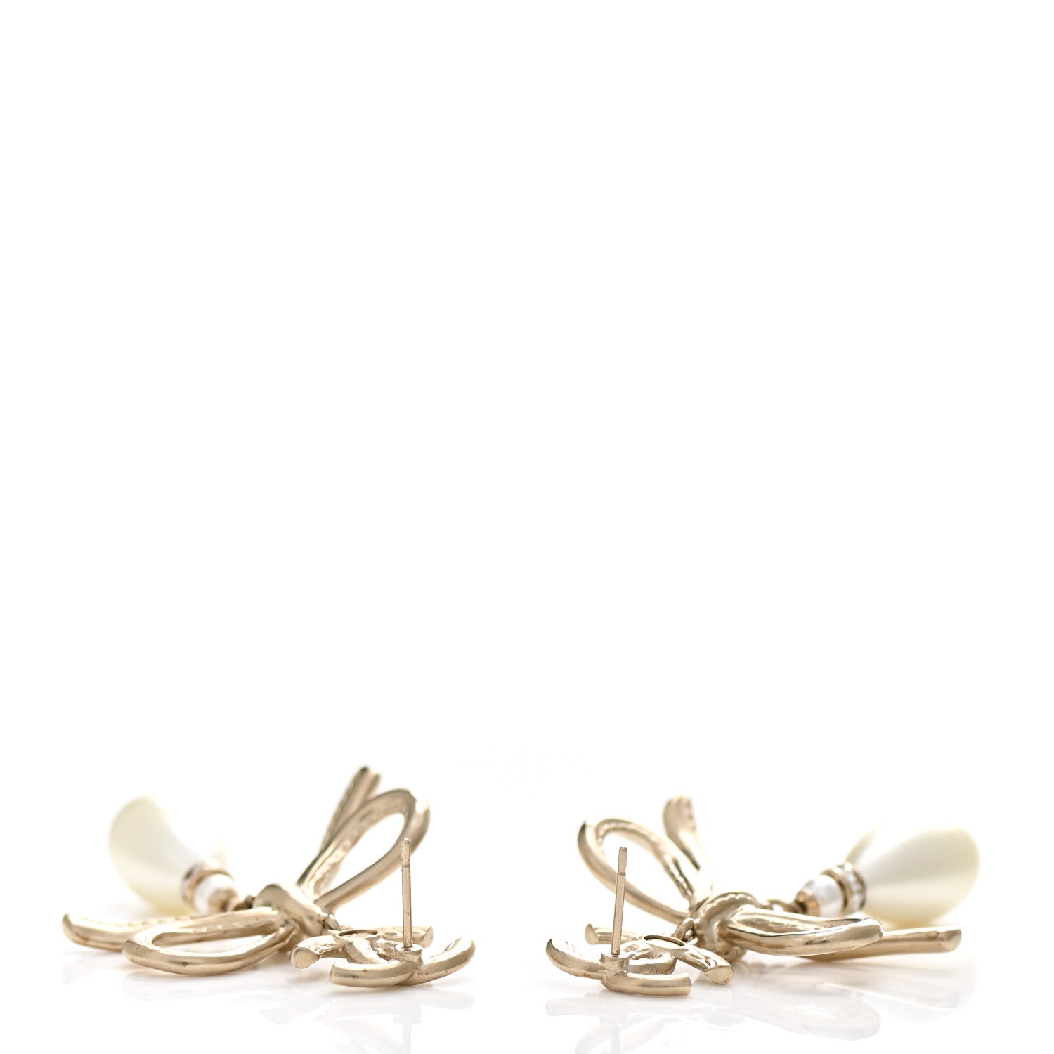 Chanel Pearl Crystal CC Bow Drop Earrings Gold Pearly White 3 of 5