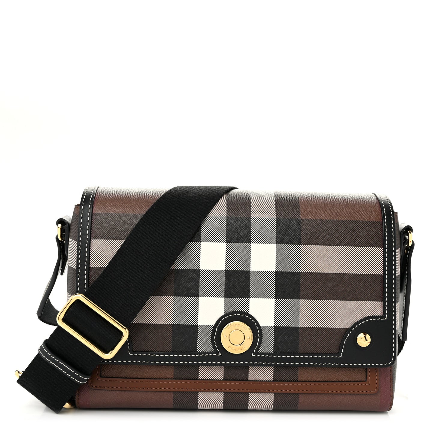 Coated Canvas Calfskin Vintage Check Medium Note Crossbody Bag Dark Birch Black