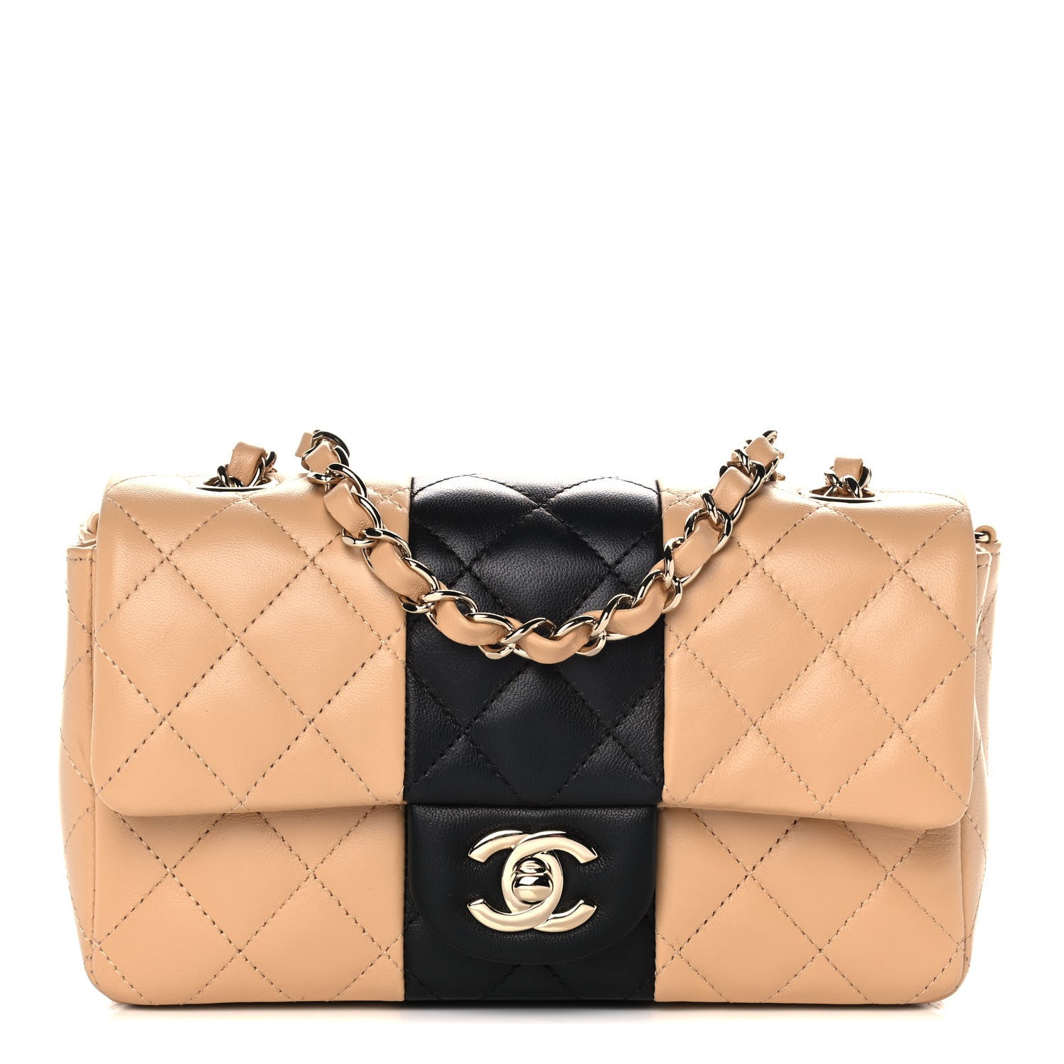 Chanel Lambskin Quilted Mini Rectangular Flap Beige Black 1 of 12