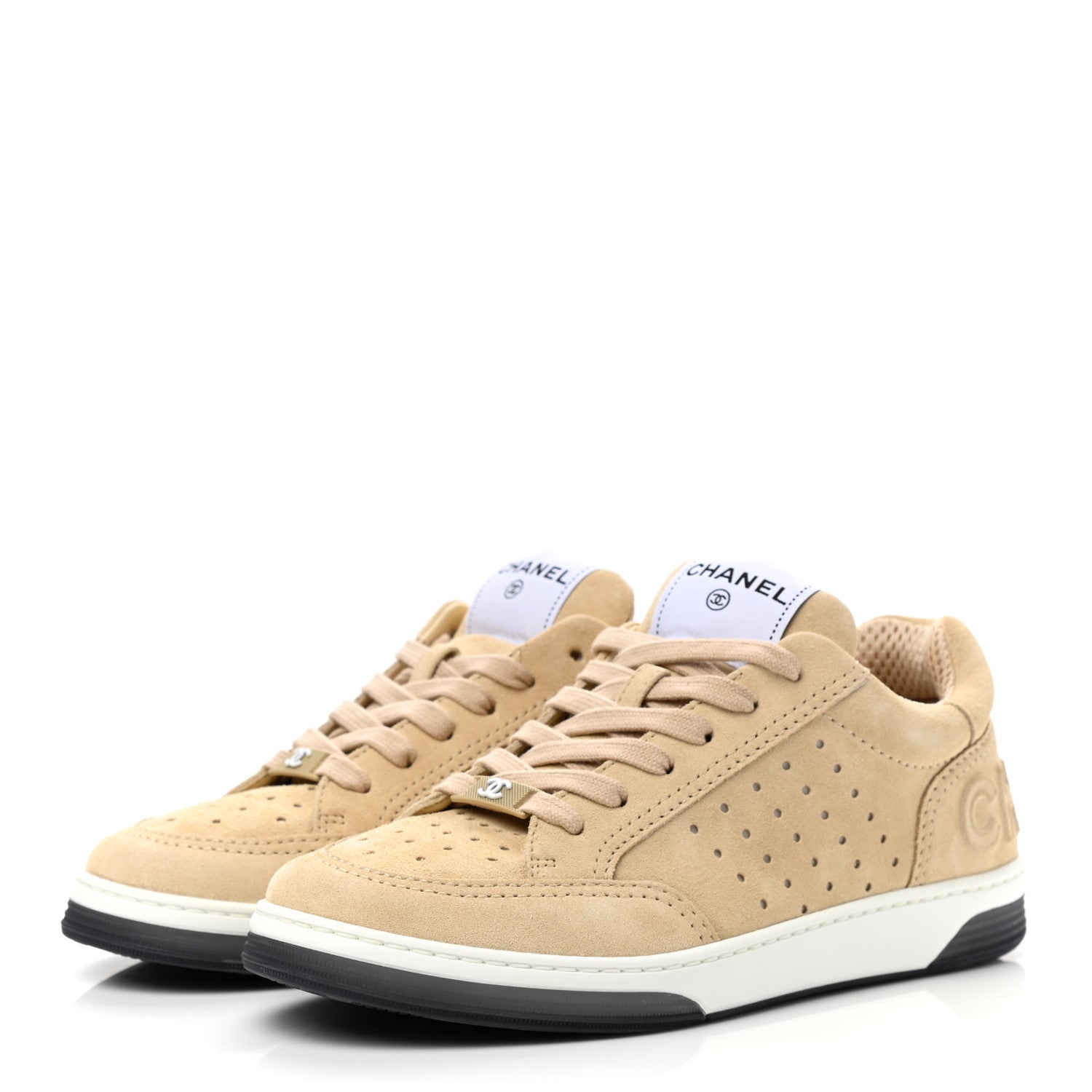 Chanel Suede Calfskin Logo Sneakers 36 Beige 3 of 8