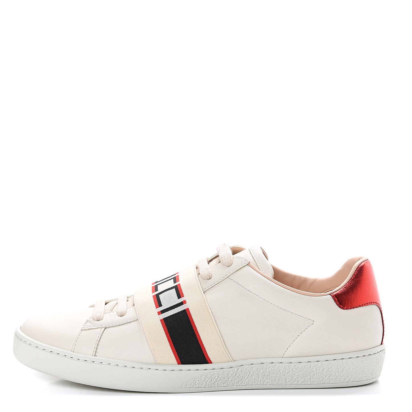 Calfskin Stripe Womens New Ace Sneakers 37.5 New Mystic White Ecru Red Flame