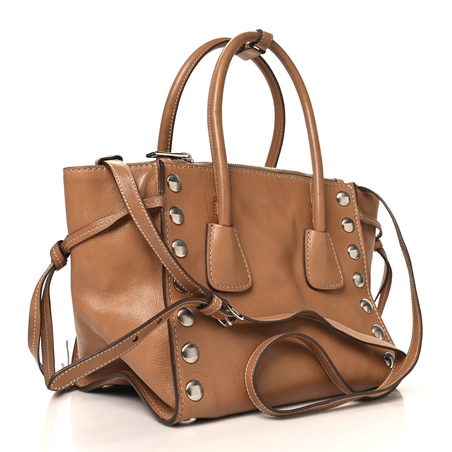 Glace Calf Studded Twin Pocket Tote Caramel