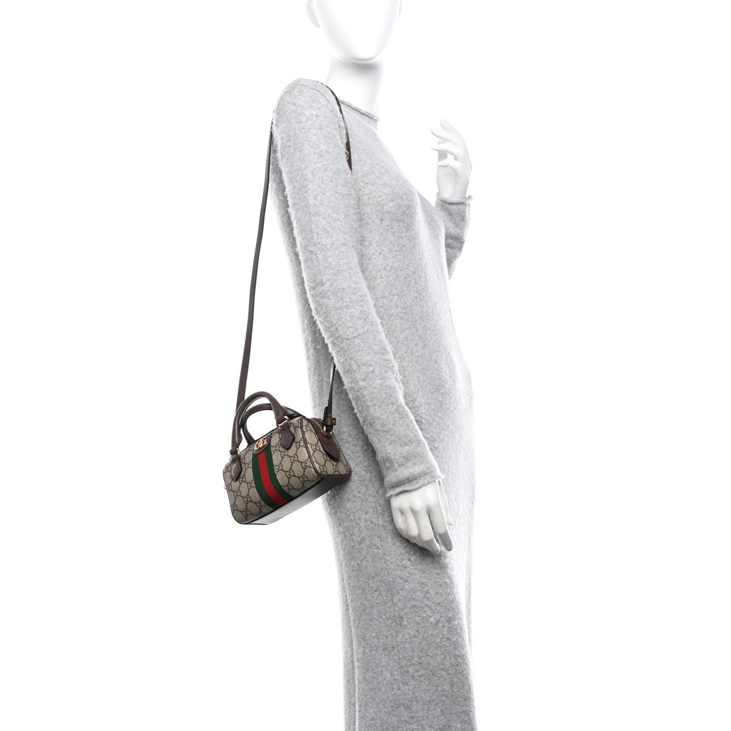 GG Supreme Monogram Textured Dollar Calfskin Web Super Mini Ophidia Top Handle Bowler Bag Beige Ebony New Acero
