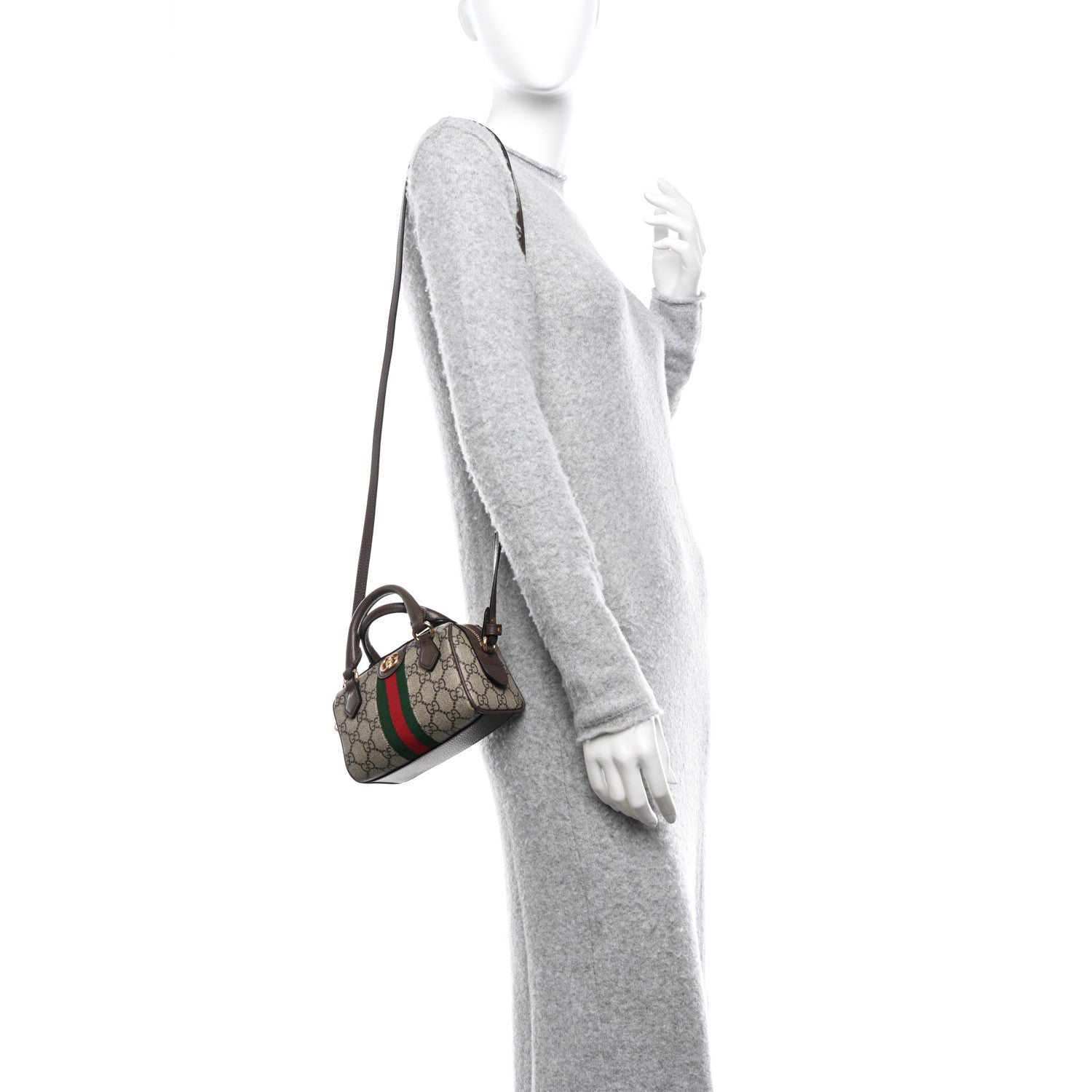 Gucci GG Supreme Monogram Textured Dollar Calfskin Web Super Mini Ophidia Top Handle Bowler Bag Beige Ebony New Acero 2 of 11