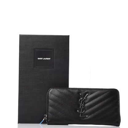 Saint Laurent Grain De Poudre Matelasse Chevron Monogram Zip Around Wallet Black 8 of 8