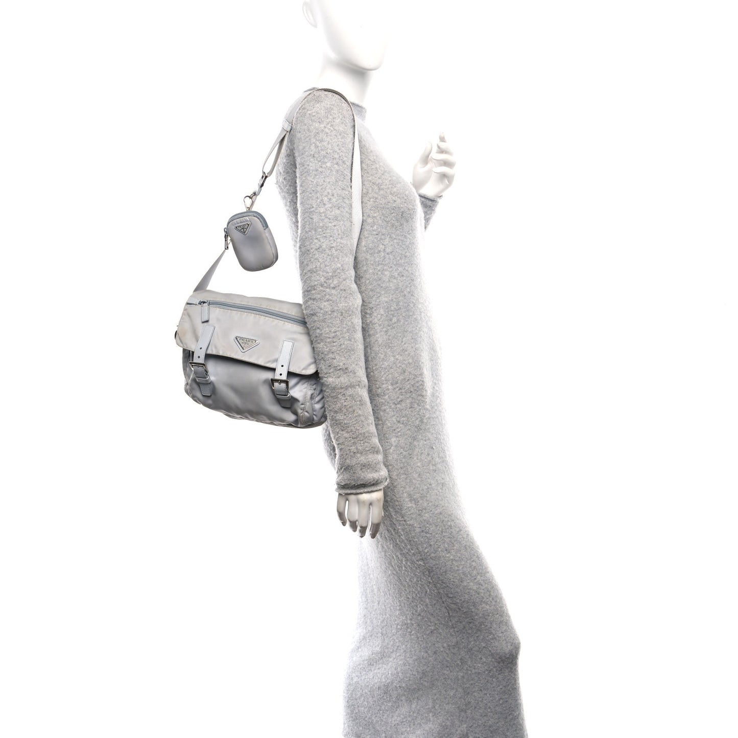 Re-Nylon Vela Saffiano Pocket Double Buckle Messenger Shoulder Bag Fiordaliso