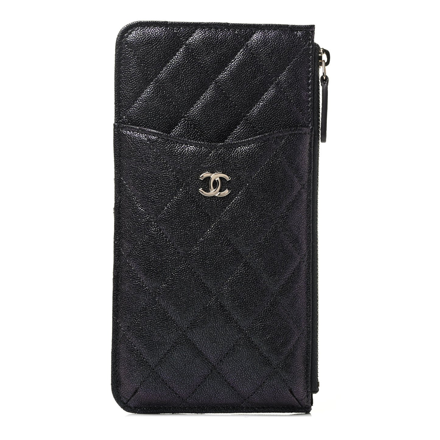 Iridescent Caviar Quilted Classic Flat Wallet Pouch Black