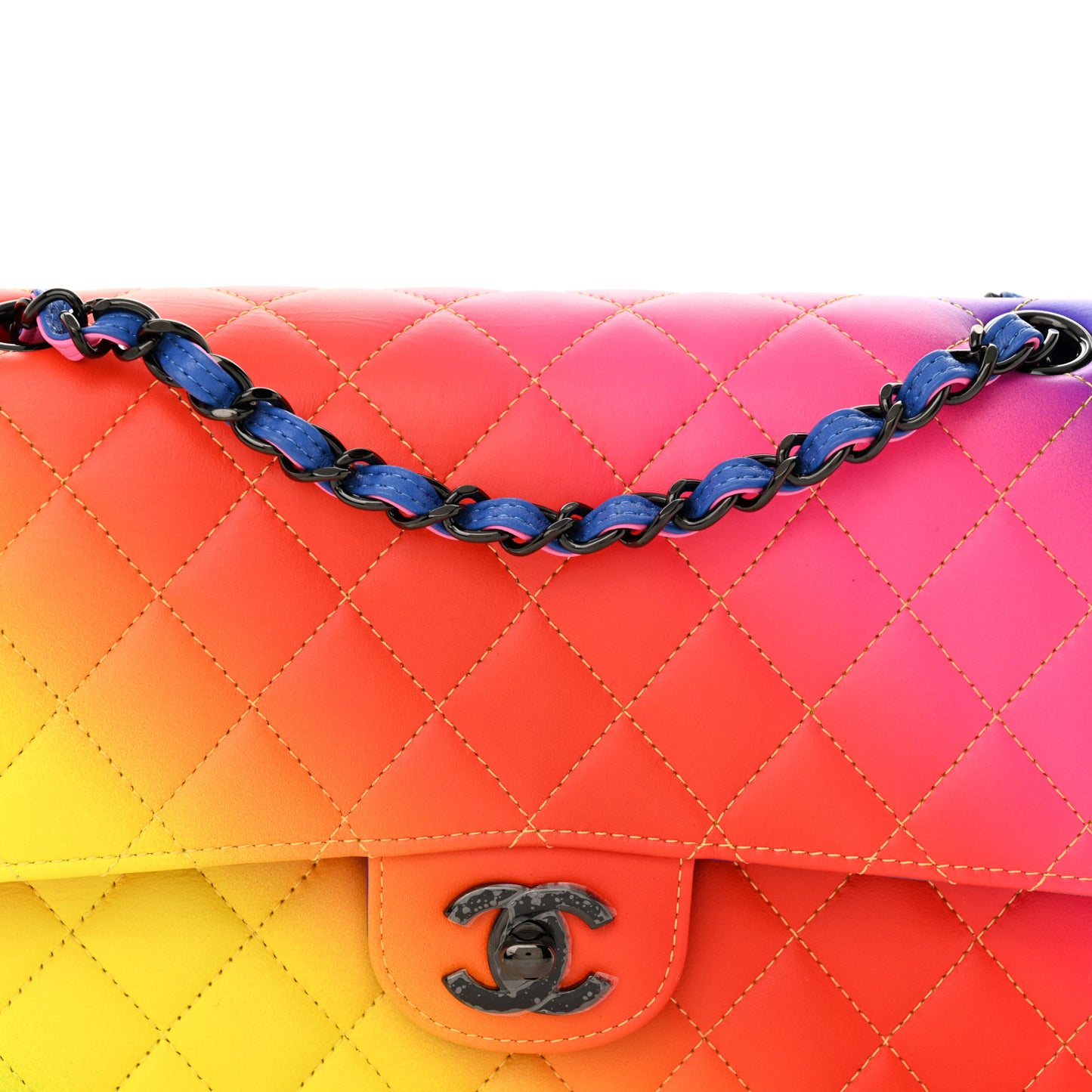 Calfskin Quilted Medium Rainbow Double Flap Multicolor