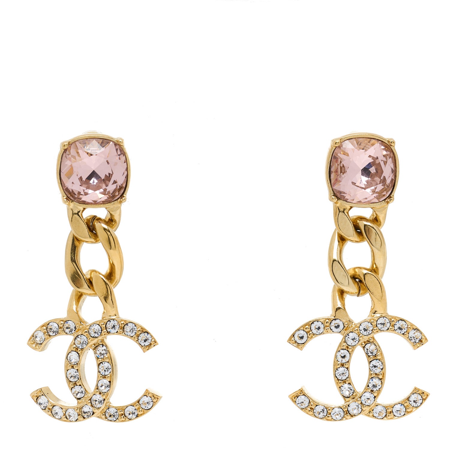 Chanel Glass Crystal CC Chain Drop Earrings Pink Gold 1 of 5
