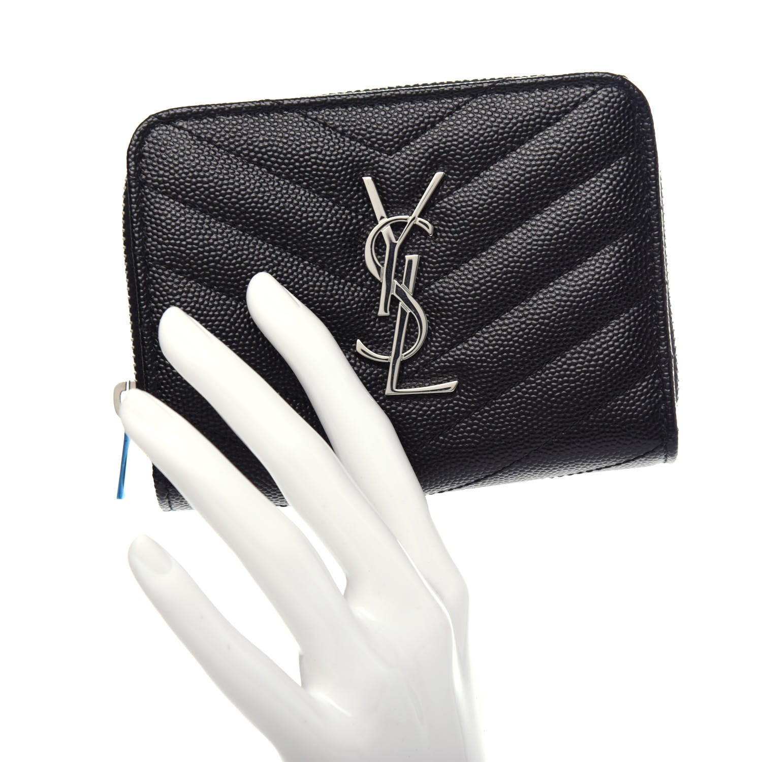 Saint Laurent Grain De Poudre Matelasse Chevron Monogram Compact Zip Around Wallet Black 2 of 9