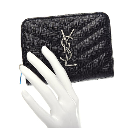 Saint Laurent Grain De Poudre Matelasse Chevron Monogram Compact Zip Around Wallet Black 2 of 9