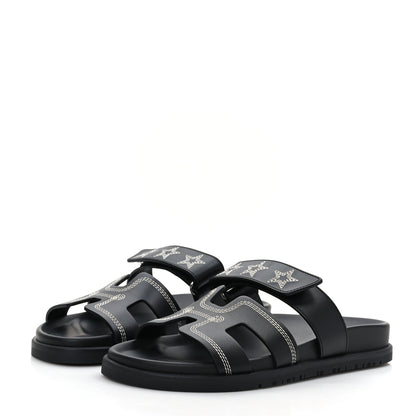 Hermes Calfskin Womens Embroidered Chypre Sandals 36.5 Black 3 of 9