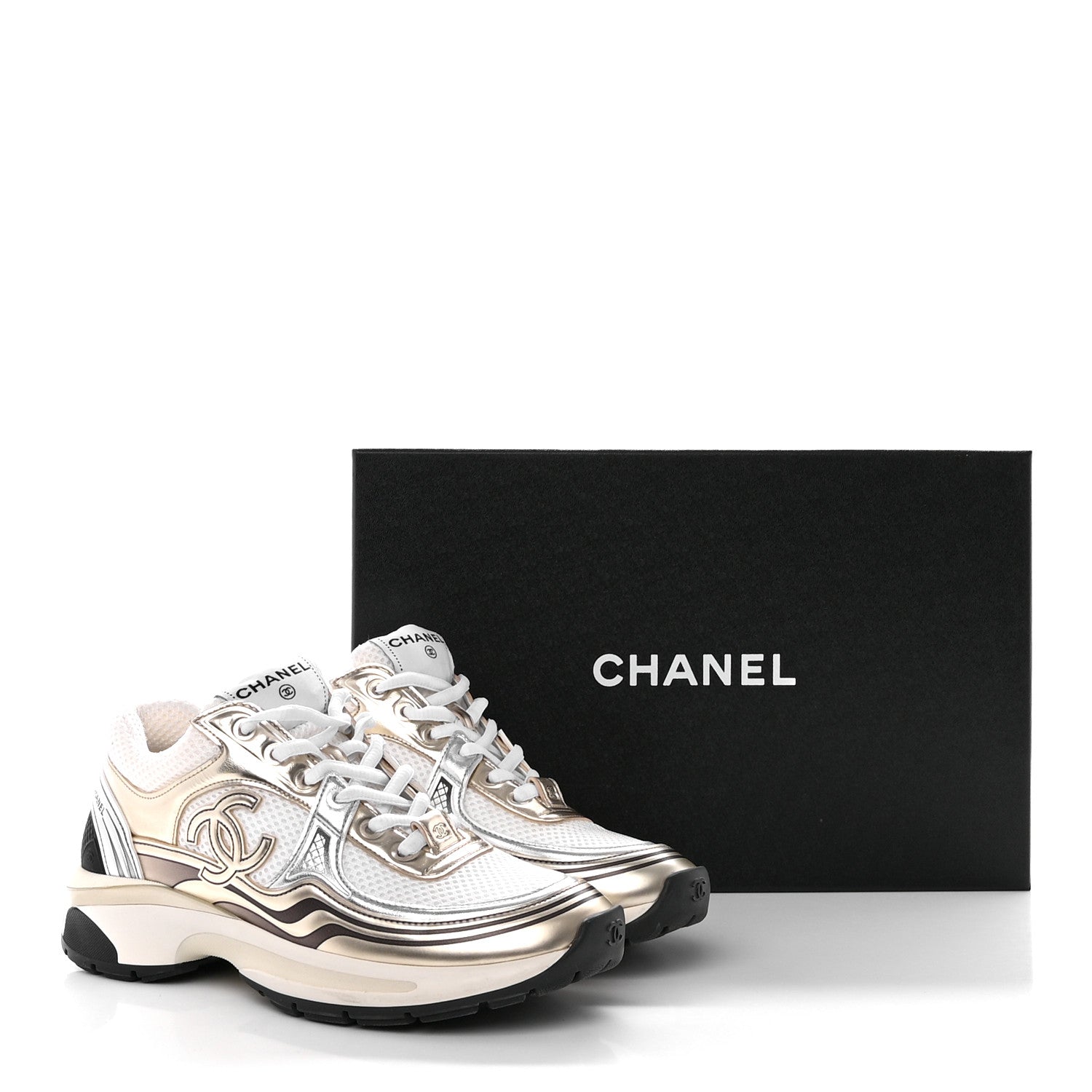 Chanel Fabric Laminated Calfskin Stretch CC Sneakers 36.5 White Gold Silver 16 of 16