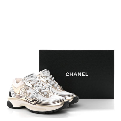 Chanel Fabric Laminated Calfskin Stretch CC Sneakers 36.5 White Gold Silver 16 of 16