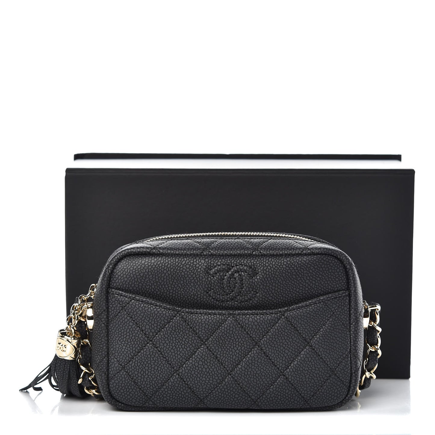 Iridescent Caviar Quilted Mini Coco Tassel Camera Case Black