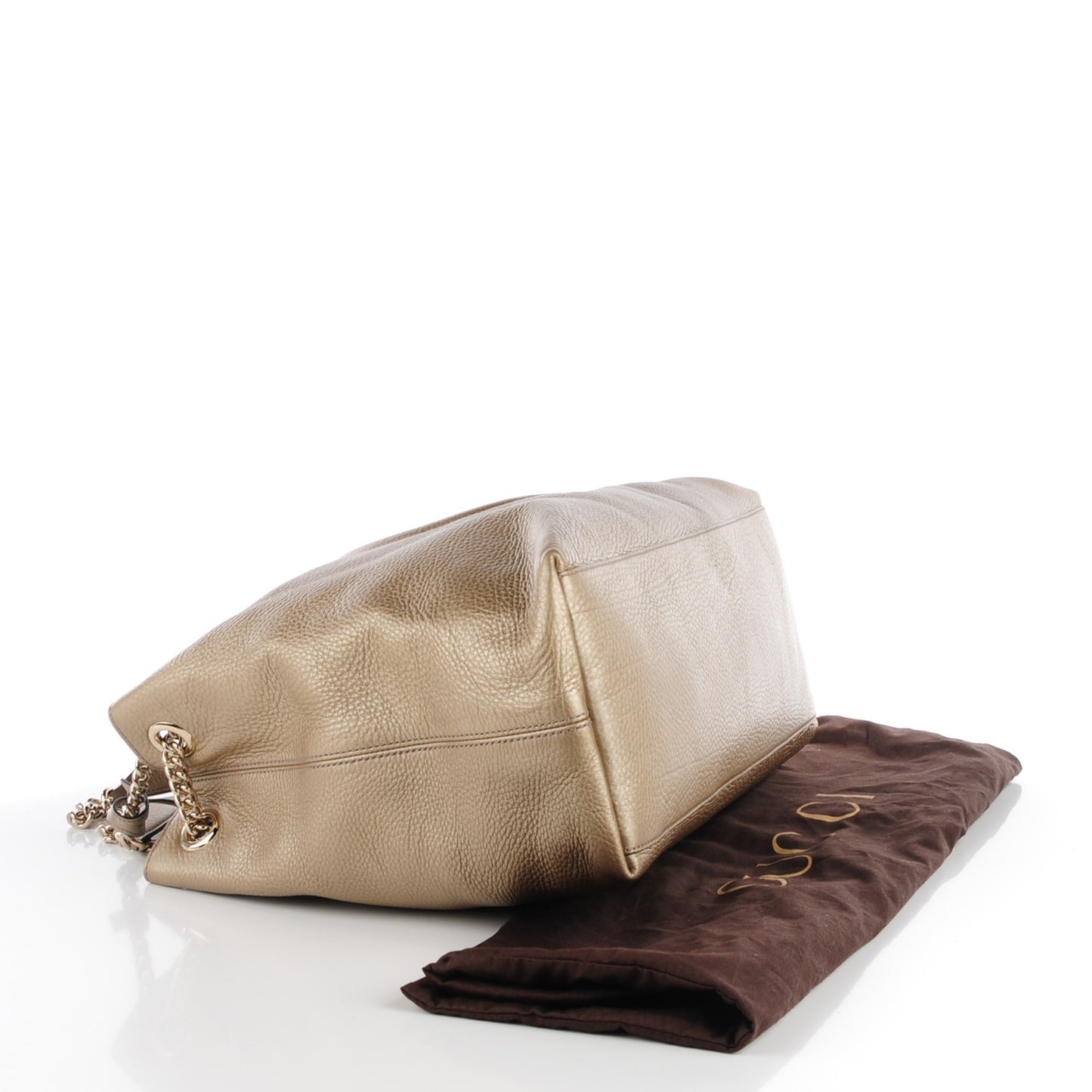 Metallic Pebbled Calfskin Large Soho Chain Shoulder Bag Golden Beige