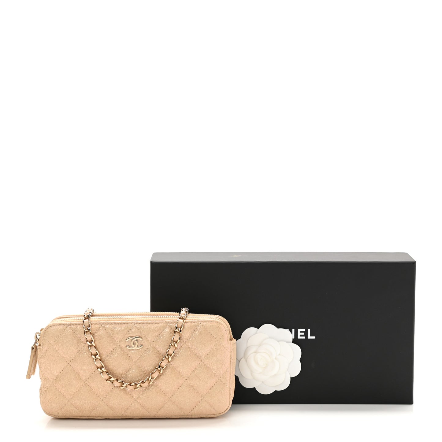 Iridescent Caviar Quilted Small Clutch With Chain Beige