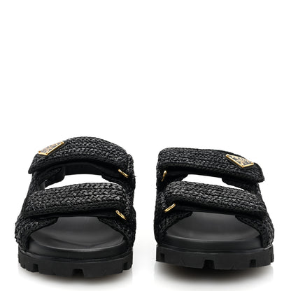 Prada Raffia Metal Triangle Logo Crochet Cage Sandals 39 Black 2 of 8