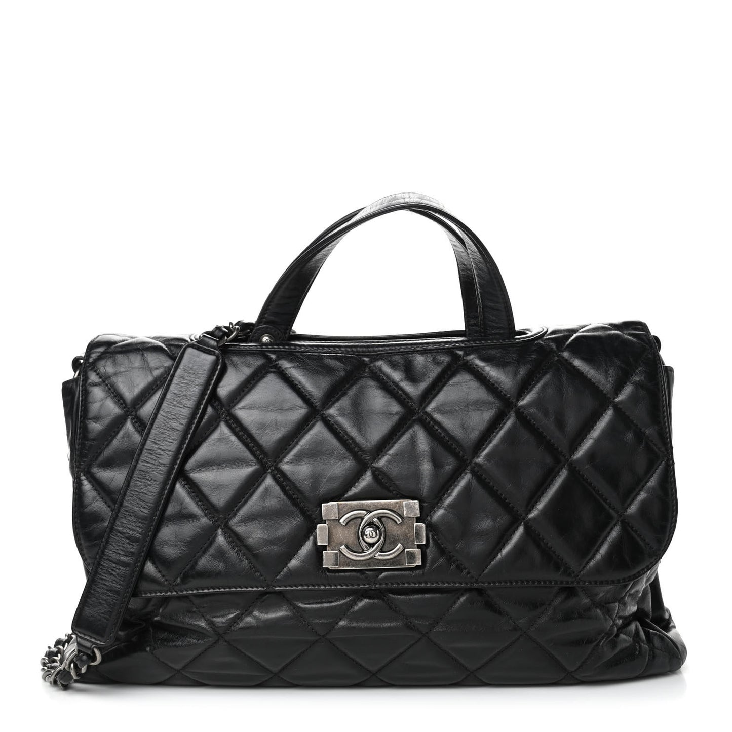 Glazed Calfskin Boy Satchel Flap Black