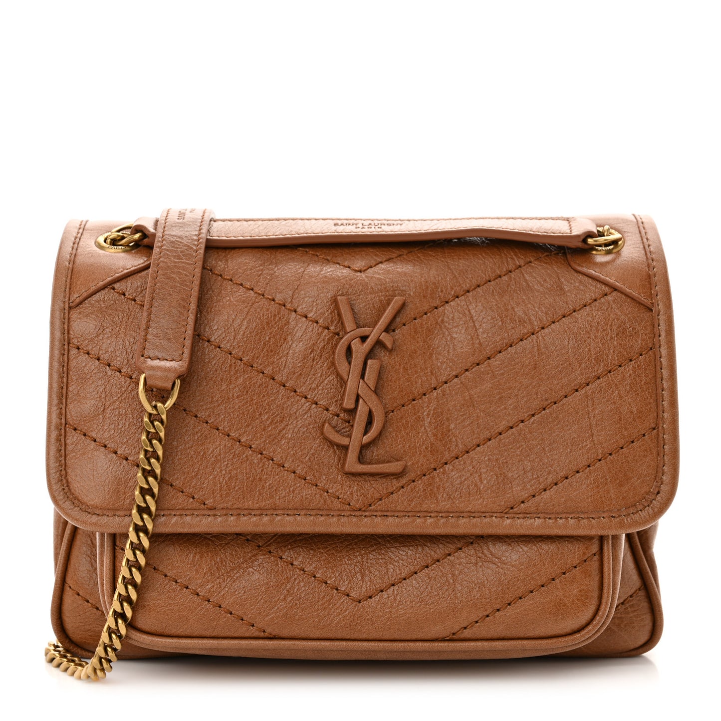 Crinkled Calfskin Matelasse Monogram Baby Niki Chain Satchel Light Caramel