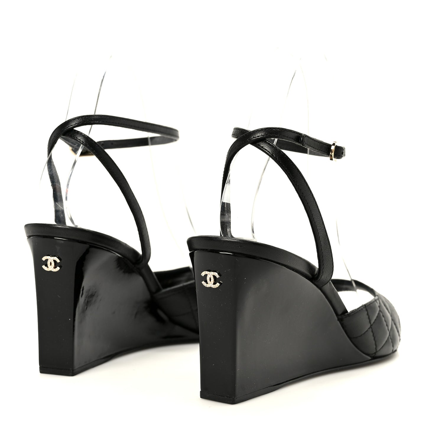 Lambskin Patent Quilted Wedge Sandals  38 Black