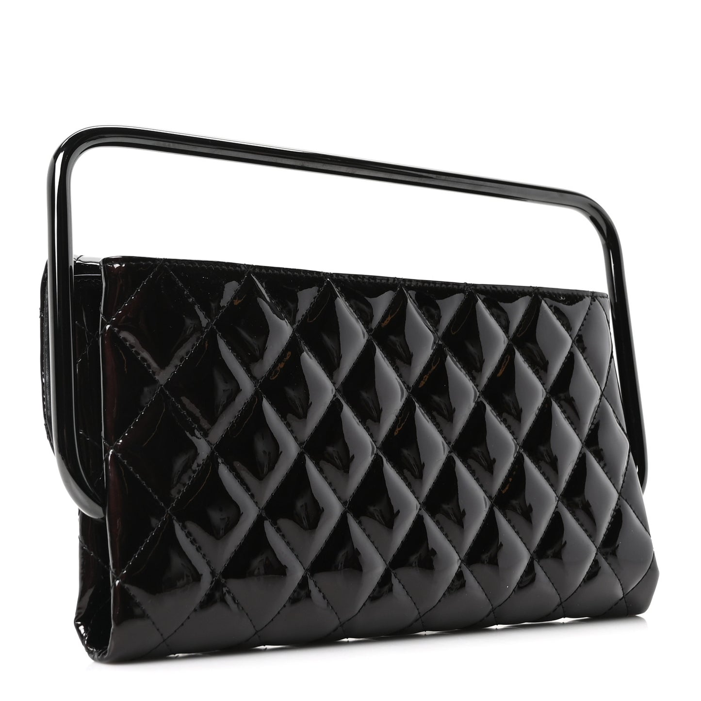 Patent Calfskin Quilted Metal Handle Clutch So Black