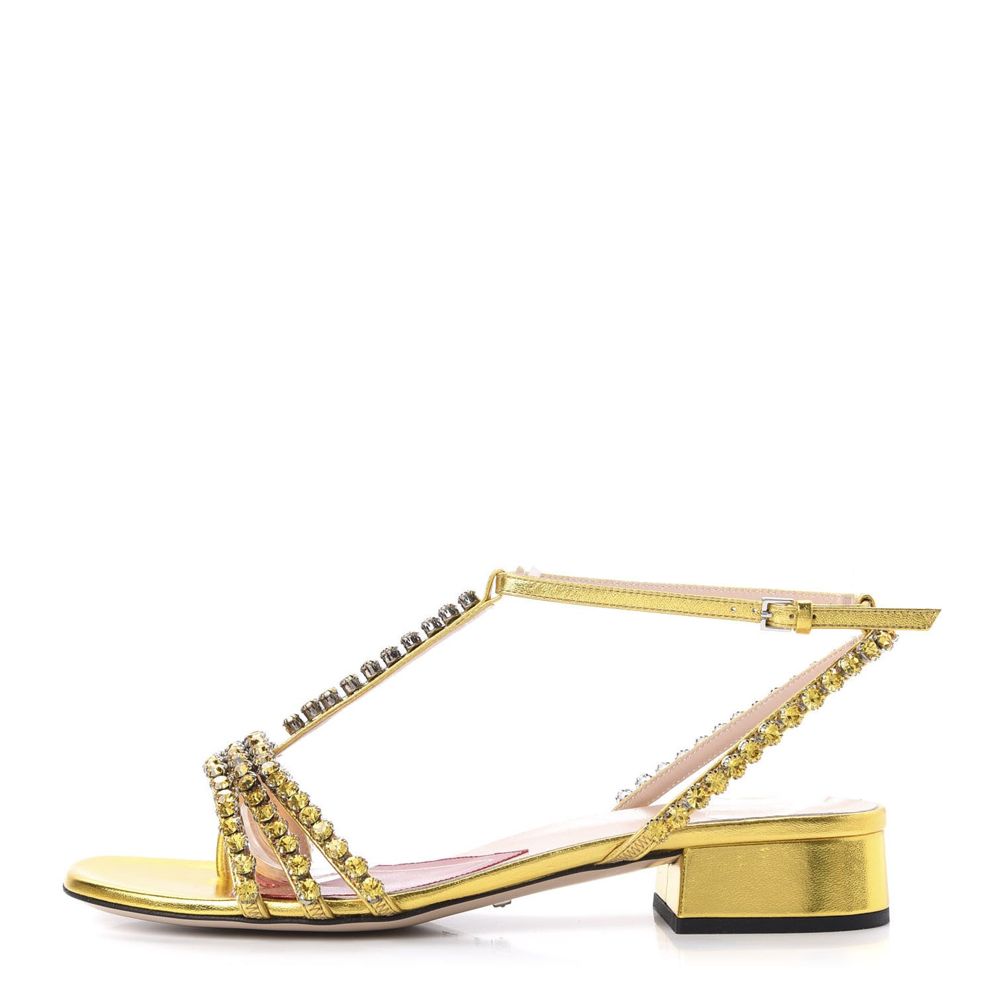 Nappa Silk Crystal Bertie T-Strap Low Heel Sandals 36.5 Gold