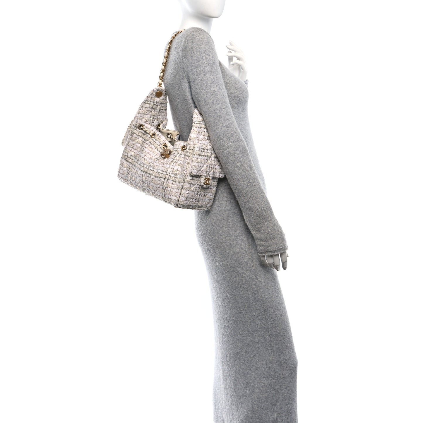 Tweed Quilted Small Chanel 25 Handbag Ecru Khaki Gold Red