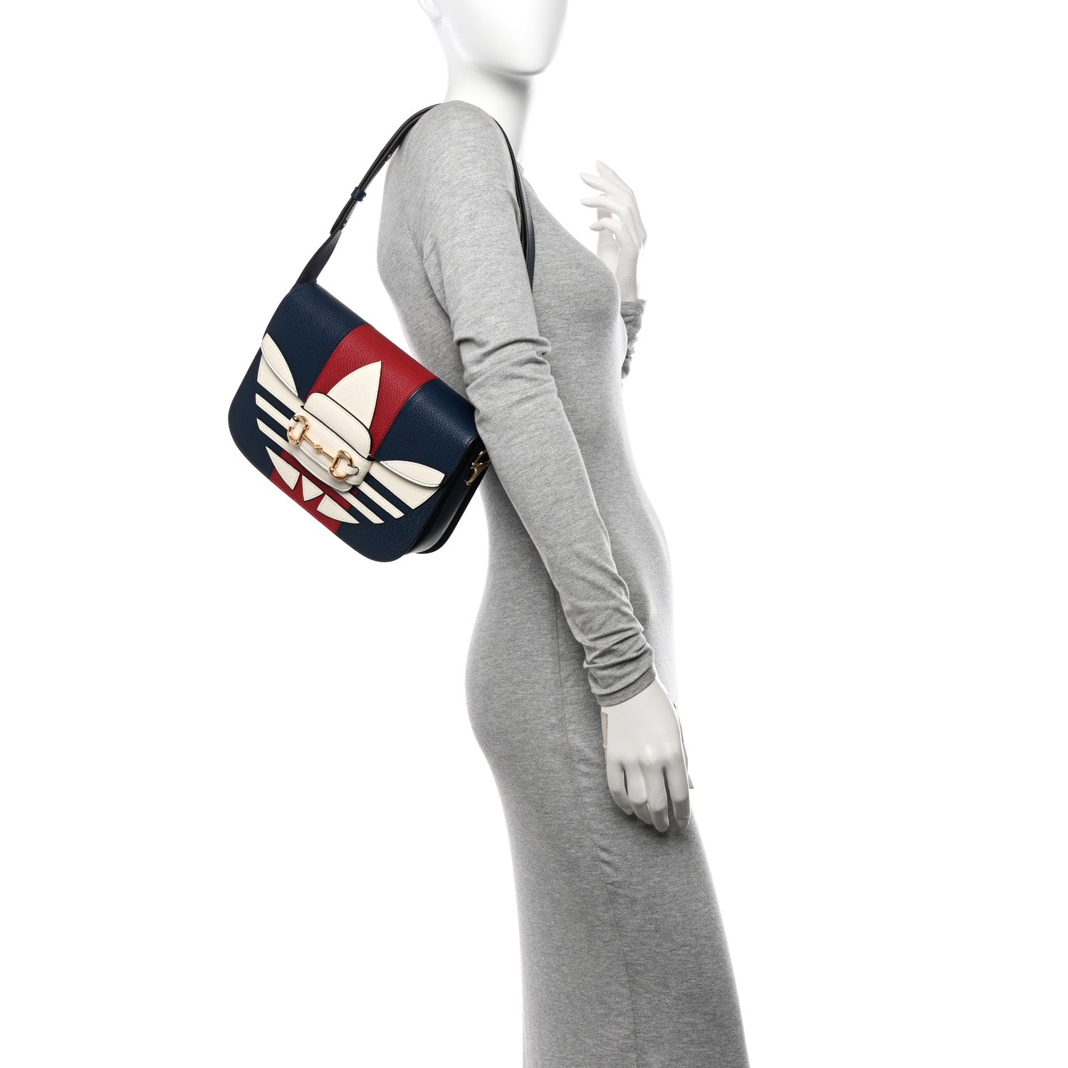 Gucci X ADIDAS Textured Dollar Calfskin Web Trefoil Mini Horsebit 1955 Shoulder Bag Navy Blue Red 2 of 12