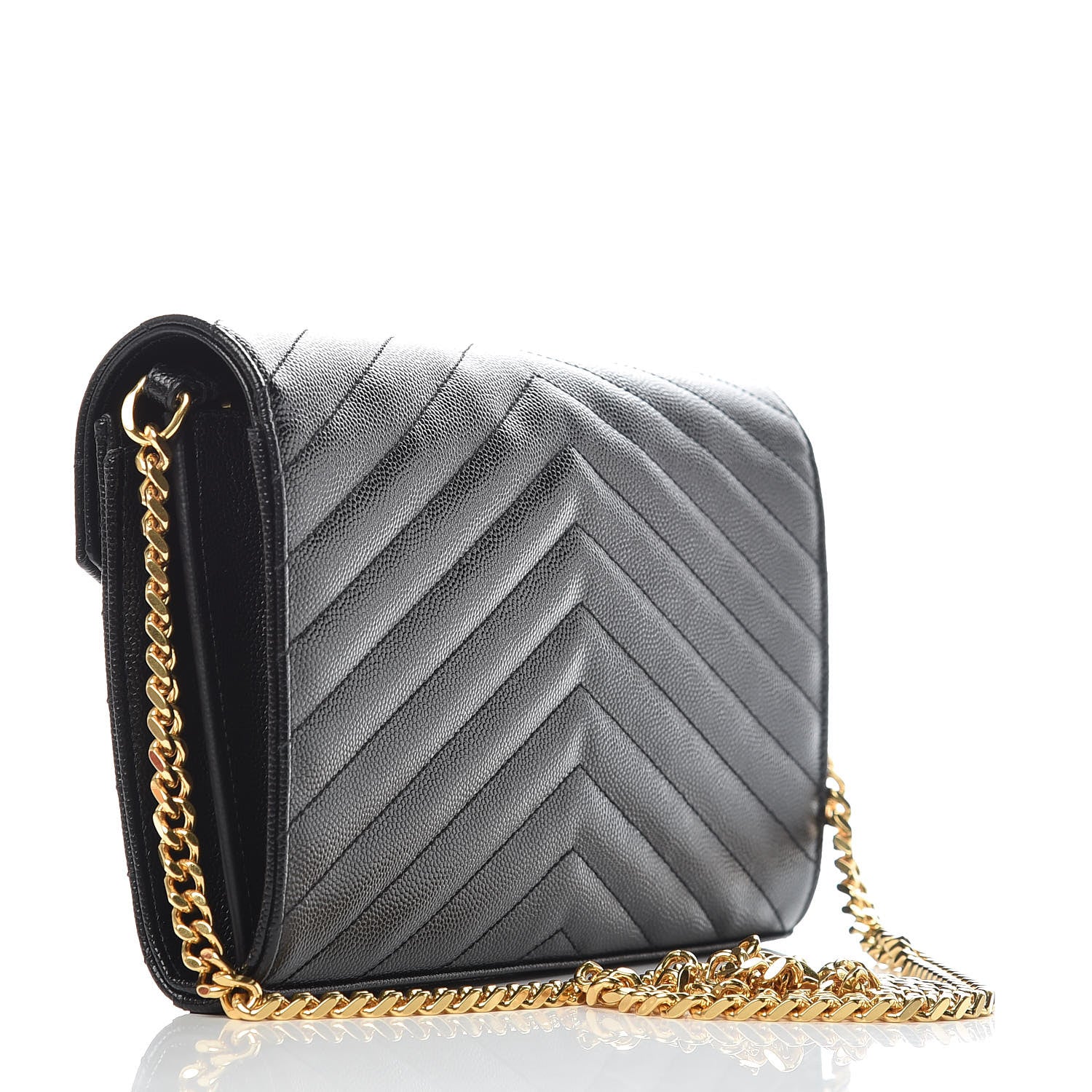 Saint Laurent Grain De Poudre Matelasse Chevron Monogram Chain Wallet Black 3 of 9