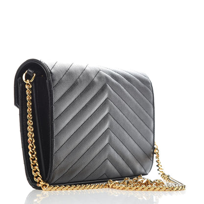 Saint Laurent Grain De Poudre Matelasse Chevron Monogram Chain Wallet Black 3 of 9