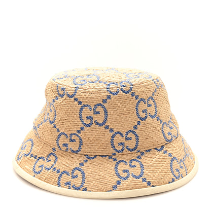 Gucci Raffia GG Monogram Embroidered Fedora Hat M Beige Blue 6 of 9