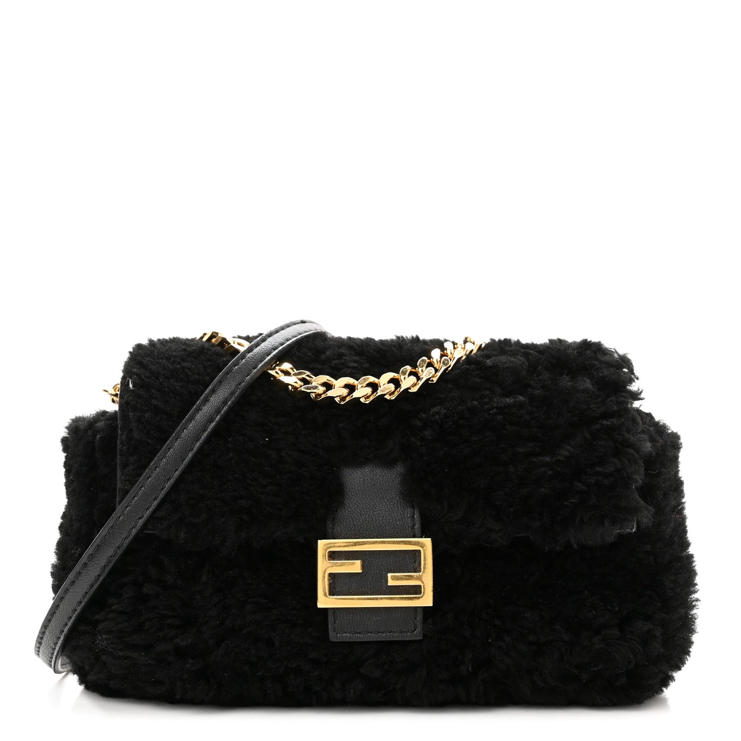 Shearling Shiny Nappa Micro Baguette Black