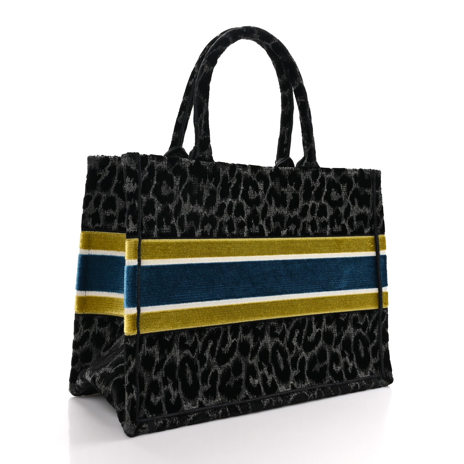 Christian Dior Velvet Mizza Embroidered Medium Leopard Book Tote Black Yellow Blue 3 of 10