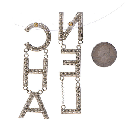 Chanel Crystal Cha-Nel Logo Drop Earrings Gold 2 of 5