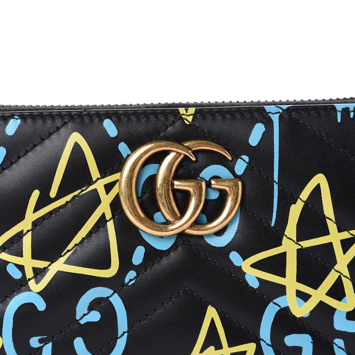 Calfskin Matelasse GucciGhost GG Marmont Zip Around Wallet Black New Acquamarine