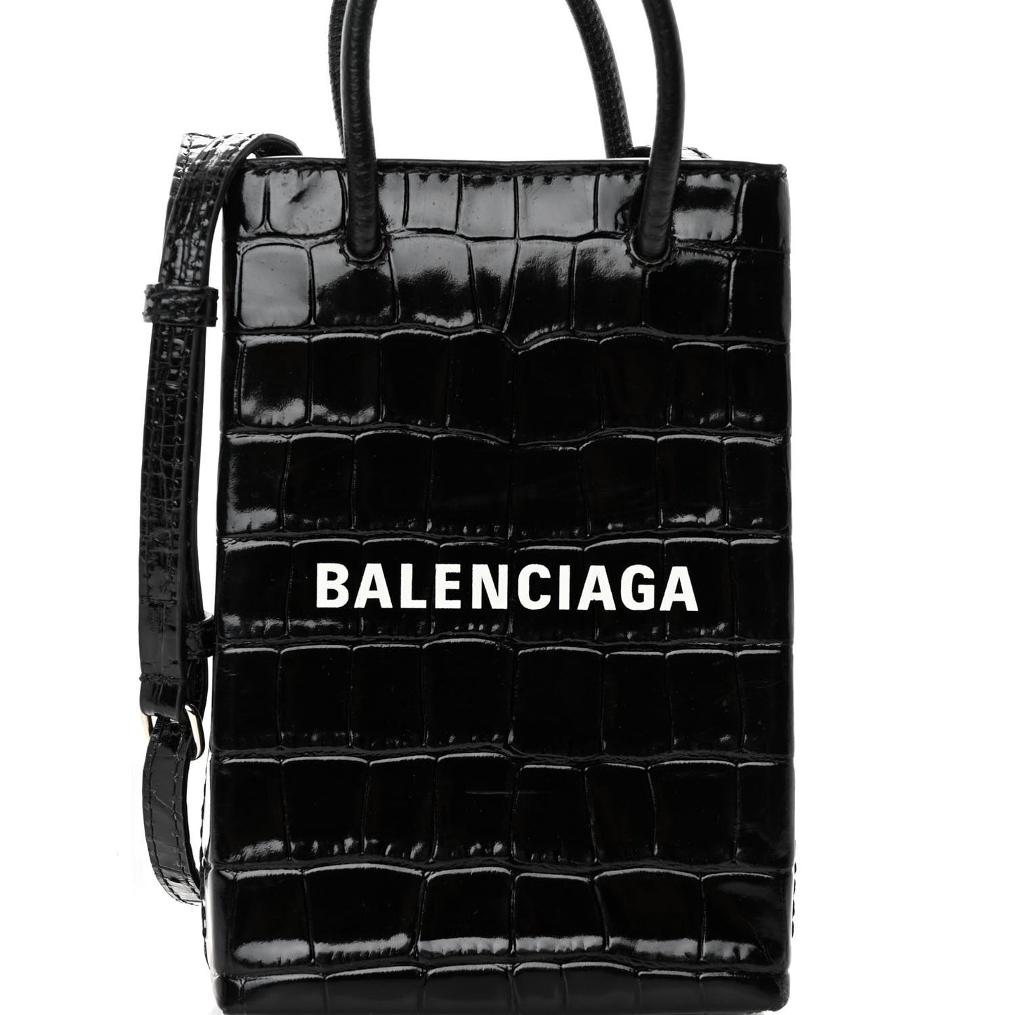 Calfskin Crocodile Embossed Logo Shopping Phone Holder Bag Black