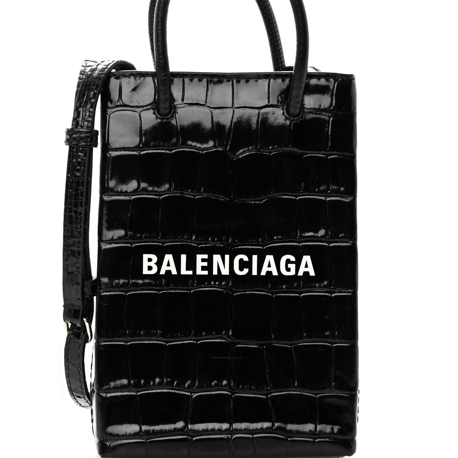 Balenciaga Calfskin Crocodile Embossed Logo Shopping Phone Holder Bag Black 7 of 9